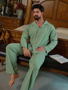 DAZY Herrpyjamasset med långärmad skjorta och byxor, vår - Grön - Visa 6