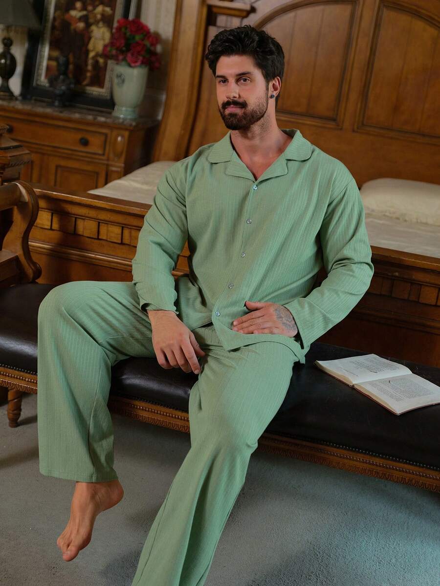 DAZY 男士长袖衬衫长裤睡衣套装，春季 - 綠色 - 查看 1