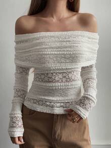 Livesso Women's Hollow Out Lace Top, Off-Shoulder Casual Vacation Street Style Crochet Beach, White Long Sleeve Top, Spring/Summer - White - View 8