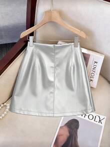 Franclia Women's Fashionable Elegant Party Versatile Asymmetric Metal Buckle Decor Leather Skirt - Silver - View 2