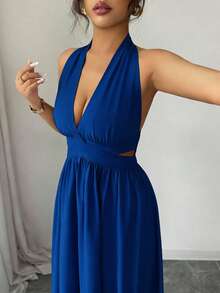 Rafferiza 优雅无袖V领露腰设计褶皱连衣裙，紫色，春夏新品，女士优雅长裙 - 寶藍色 - 查看 4