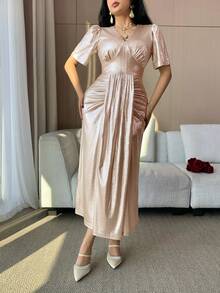 DAZY 女士优雅V领褶裥中长连衣裙，银色金属光泽，夏季 - 杏色 - 查看 4