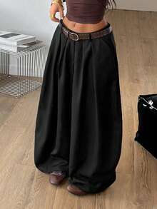 Coolane Women's Spring/Summer Streetwear Casual Hippie Party Y2K Chic Preppy Black Wide Leg Curved Hem Pants With Pockets - Black - View 4