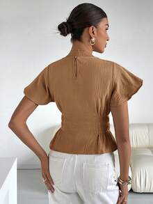 Siren Gaze 女式纹理面料圆领盖袖收腰盖袖衬衫，夏季 - 摩卡棕 - 查看 5
