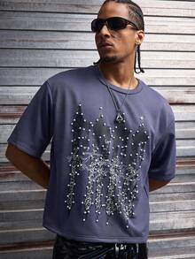 AXEPEAK Men's Graphic T-Shirt, Knitted Sweatshirt, Letter Pattern, White Pearl Embellishment, Loose Short-Sleeved T-Shirt. - Grey - View 4