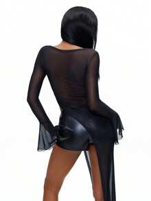 TypaGal 女士圆领水钻十字图案网纱时尚百搭日常长款喇叭袖上衣 - 黑色 - 查看 2