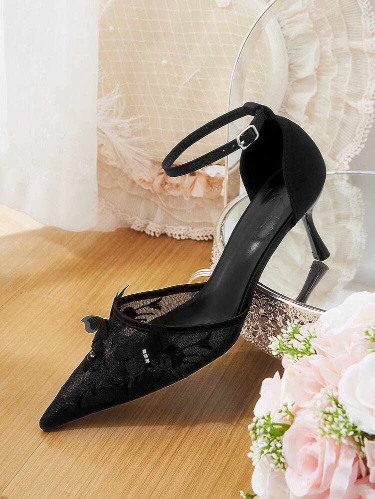 CUCCOO HITCHD Women Shoes Four Seasons New Embroidery Butterfly Type Flower Point Thin Heel High Heel Shoes Elegant Sexy Mesh Women's High Heel Shoes Rear Foot Wristband High Heel Shoes Sexy Elegant Fashion Wedding Valentine's Day Afternoon Tea Elegant Wear Valentine's Day Elegant Shoes