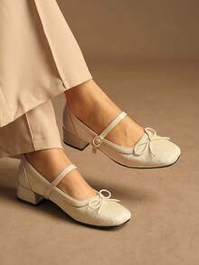 Rosivie 2026夏季新款復古方頭低楦編織網面低跟瑪麗珍女鞋 時尚鏤空綁帶透氣粗跟高跟鞋 - 杏色 - 查看 5