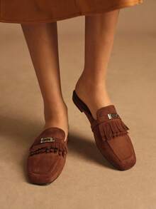 Rosivie Women Casual Versatile Commuting Minimalist Fringe Decor Slip-On Flats - Brown - View 3