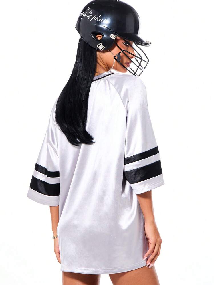 BABYPHAT Women Oversized V Neck Jersey Top With Rhinestone Graphic And Sports Number