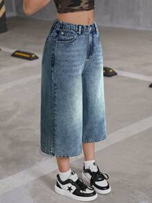 SHEIN Celana Jeans Denim Bermuda Hitam Longgar Gaya Y2K untuk Remaja Perempuan, Cocok untuk Kembali ke Sekolah di Musim Gugur, Fesyen Musim Gugur - Light Wash - View 4