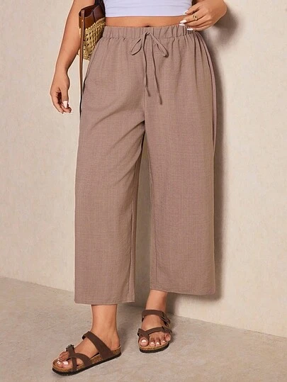 Elaquor Plus Size Women's Solid Color Waist Tie Casual Wide Leg Pants Petite Wide Leg Pants Flowy Pants For Women Women Linen Pants Spring Pants Outfit Women Spring Pants For Women