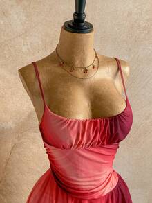 Soleia Women's Gradient Print Asymmetrical Hem Ruched Bust Spaghetti Strap Midi Dress, Sexy For Beach, Date, Holiday, Beach Vacation, Wedding, Cruise - Burgundy - View 3