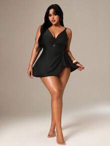 Auralis Plus Size Solid Color Twist Front Sleeveless Fitted Summer Beach Cropped Tank Top Bikini - Black - View 6