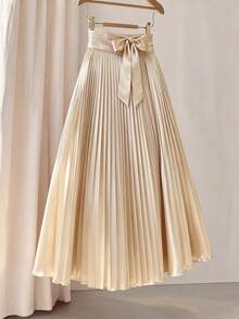 Franclia 女士优雅纯色褶裥A字裙 - 杏色 - 查看 3