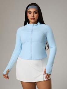 Rhythm Era Plus Size Sky Blue Zip-Up Jacket, Fitted, With Thumb Hole, Warm Color Activewear Outerwear - Baby Blue - View 3