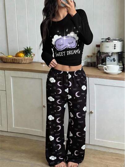 Genkimix Kids Girls Minimalist Fuchsia Eyelash Print Long Sleeve Top And Pants 2 Pieces Pajama Set