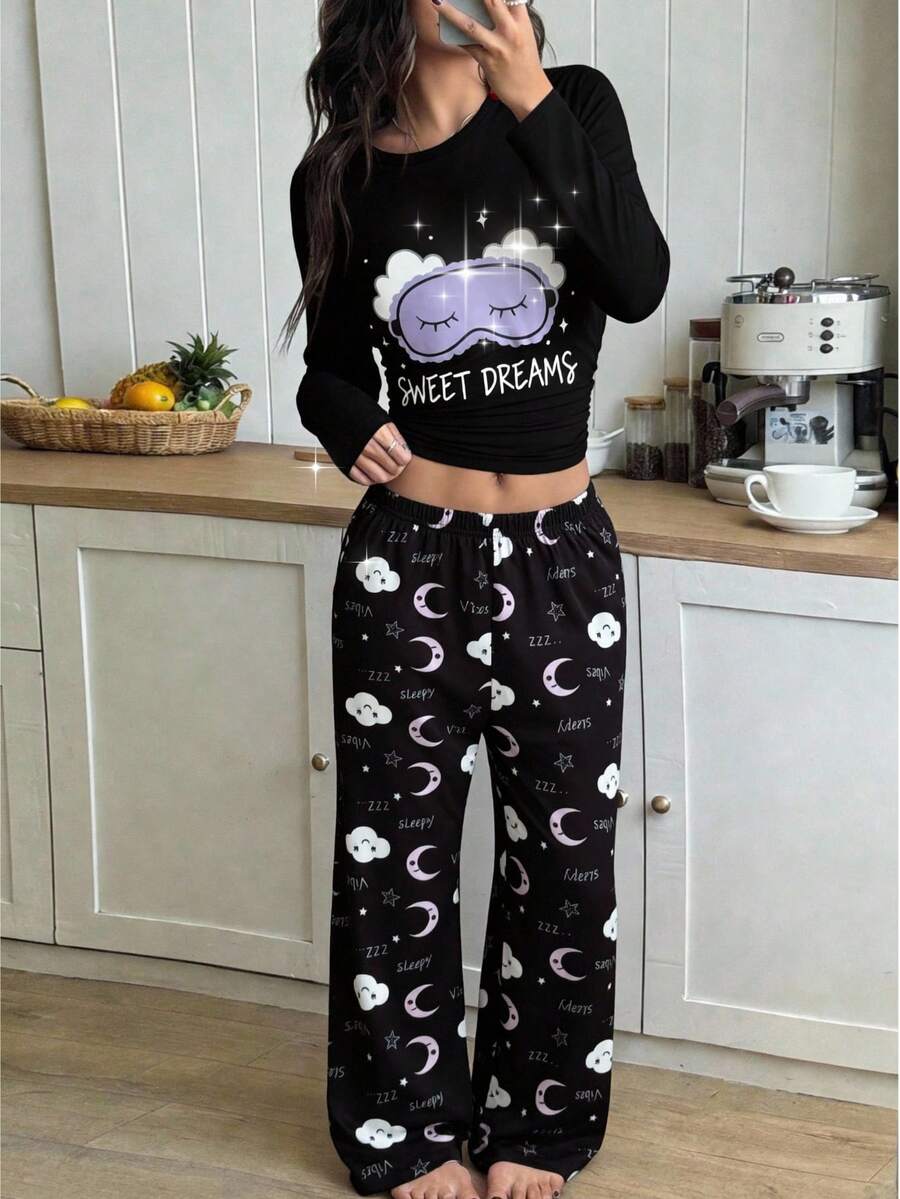 Genkimix Kids Girls Minimalist Fuchsia Eyelash Print Long Sleeve Top And Pants 2 Pieces Pajama Set - Black - View 1