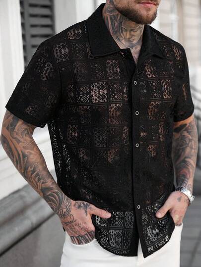 Manfinity CasualCool Men's Solid Color Hollow Design Short Sleeve Single-Breasted Casual Shirt,Men Old Money,Daily Leisure, Weekend Trips, Outdoor Activities, Travel Expeditions, Relaxed Work Environments Or Semi-Formal Occasions, Boyfriend/Husband Gift, Anniversary /Birthday Gift Party Summer Vacation Holiday,Wedding,Spring To Summer,Easter,Y2k,Vintage,Men's Black Lace Button Down Shirt Short Sleeve Casual Hollow Out Top For Summer Beach,Lace Men Shirt,Men Crochet Shirt,Lace Shirts,Gothic Men Shirt,Men Black Shirt