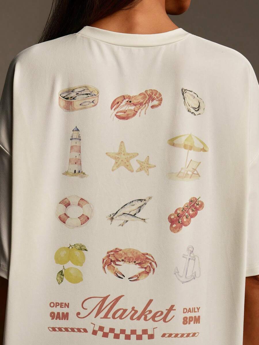 Athîral 女士休闲圆领短袖白色印花T恤，春夏款 - 白色 - 查看 1