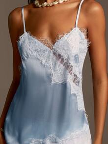 Athîral Women's Casual Asymmetric Spaghetti Strap Off Shoulder Sleeveless Romantic Sexy Blue Lace Blouse - Blue and White - View 6