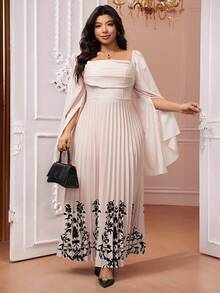 Hourglow Große Größen Elegantes Kleid für Damen mit Blume Muster, quadratischem Ausschnitt, Rüschensaum und Schlitzärmeln - Aprikosenfarben - Übersicht 2