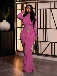 BamGleam 女士优雅派对/约会纯色高领薄纱金属花卉装饰修身连衣裙，春夏秋季 - 玫紅色 - 查看 1