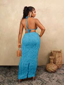 BamGleam 女士度假纯色不对称下摆露背露脐上衣和紧身半身裙两件套，性感时尚，女士度假装，度假，夏季假日装，女士假日装，假日，女士度假装，春夏，蓝绿色连衣裙，大码紧身曲线 - 藍色 - 查看 2