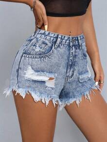 SHEIN ICON Plus Size Women Distressed Pocket Frayed Hem Casual Washed Denim Shorts, Versatile For Summer - Light Wash - View 4