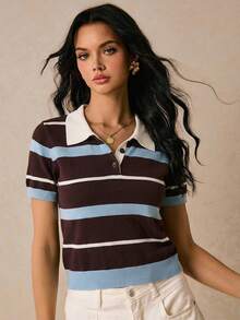 Poéselle 女士复古条纹针织Polo衫，短袖翻领学院风Tenniscore条纹针织Polo衫，学院风，Tenniscore，复古条纹上衣，短袖针织衫，翻领毛衣，Y2K Polo衫，学院风针织休闲撞色条纹图案短袖针织衫，夏季上衣，春季假期休闲装 - 咖啡棕 - 查看 4