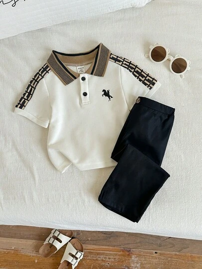 SHEIN 2pcs Baby Boy Casual Cute Knit Print Short Sleeve Polo Shirt And Elastic Waist Black Pants Set, Suitable For Birthday Party, Rave, Evening Party, Performance, Wedding, Baby Shower And 1st Birthday Celebration Boy Polo Shirt And Pants Set Baby Boy Outfit Baby Boy Casual Set Toddler Boy Polo Set
