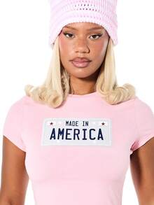 SUMWON WOMEN Made In America Graphic Baby Tee Short Sleeve Crew Neck Fitted Cotton Blend Patriotic Statement Top Casual Summer Essential - Pink - View 4
