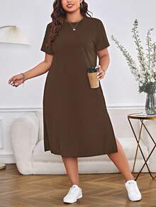 SHEIN Essnce Plus Size Women's Casual Everyday Commute Simple Solid Color Short Sleeve Loose Dress, Summer Dresses - Brown - View 6