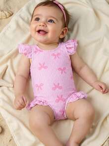SHEIN Traje de baño de una pieza con volantes, estampado de rayas y moños para recién nacidos - Rosa - Ver 2