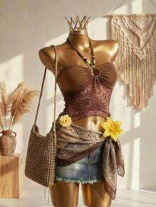 Elin Vora Áo nữ thanh lịch in họa tiết, đính cườm, kiểu cổ yếm, thích hợp cho kỳ nghỉ. - màu nâu - Xem 2