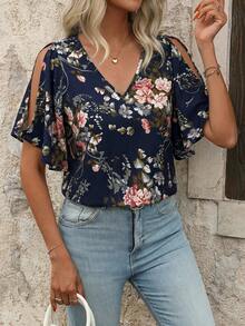 SHEIN Clasi Women's V-Neck Floral Print Ruffle Sleeve Split Hem Blouse - Navy Blue - View 6