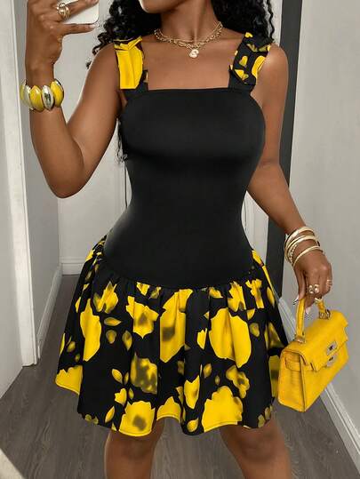 Xyvia Women's Black Base Yellow Irregular Print Fabric Shoulder Tie Knot Design Waist Cinching Short Flared Hem High-End Design Elegant Dress, Suitable For Birthday, Date, Party, Valentine's Day, Carnival, Easter, Labor Day, Banquet, Travel, Spring/Summer New Fashion Essential, Unique Design, Versatile Tie Strap Camisole Mini Dress
