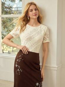 MOTF PREMIUM WOMEN'S APRICOT OBLIQUE CUT TEXTURED LACE SHORT SLEEVE T-SHIRT - Apricot - View 2