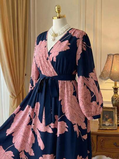 Rometta Court Retro  Plus Size Solid Color Print Cross Neck Short Sleeve Flowy Dress Wedding Day Wedding Guest