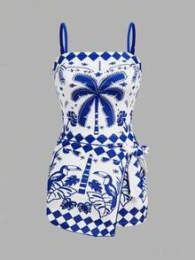 Swim Oasis 女士蓝白热带棕榈树印花连体泳衣，优雅休闲沙滩度假罩衫 - 藍白色 - 查看 8