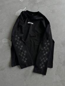 GENIUS ODE Men's Street Style, Short Cut, 3/4 Sleeve T-Shirt, Letter Print T-Shirt - Black - View 6