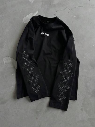 GENIUS ODE Men's Street Style, Short Cut, 3/4 Sleeve T-Shirt, Letter Print T-Shirt