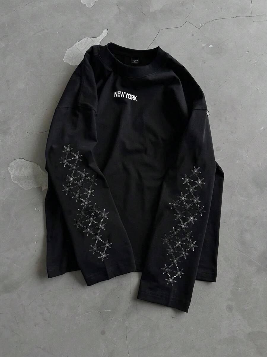 GENIUS ODE Camiseta de manga 3/4 con estampado de letras, estilo callejero masculino, corte corto - Negro - Ver 1