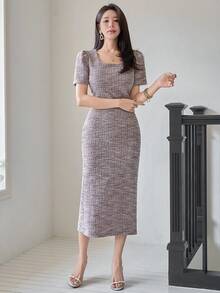 Wynsel 女士优雅纹理方领泡泡袖连衣裙，夏季婚礼宾客礼服 - 粉色 - 查看 3