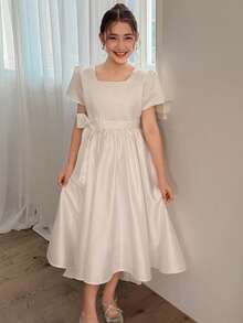 DAZY Tween Girls Square Collar Puff Sleeve Dress - White - View 3