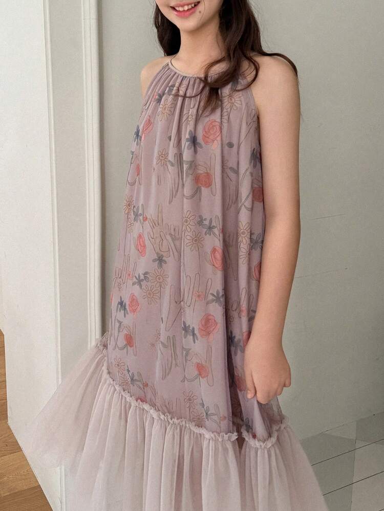 Tween Girl Summer Floral Print Ruffle Hem Halter Neck Dress