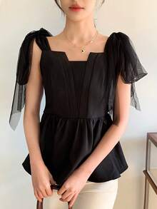 FRIFUL Women's Mesh Bodycon Ruffle Hem Patchwork Casual Camisole Layered Shirt - Black - View 4