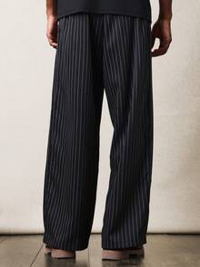 SUMWON 阔腿细条纹休闲宽松长裤时尚竖条纹长裤 - 黑色 - 查看 5