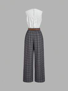 SHEIN MOD Women's Elegant Sleeveless Houndstooth Pleated Wide Leg Jumpsuit - Black and White - View 2
