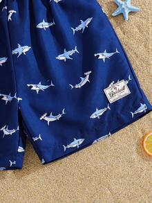 SHEIN 男童时尚宽松鲨鱼图案印花沙滩短裤，适合夏季、海滩、户外活动和游泳 - 藍色 - 查看 5